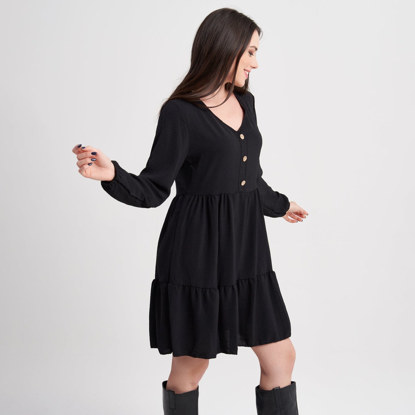 Hailys Women's Black Long Sleeve Button-Front Tiered Dress