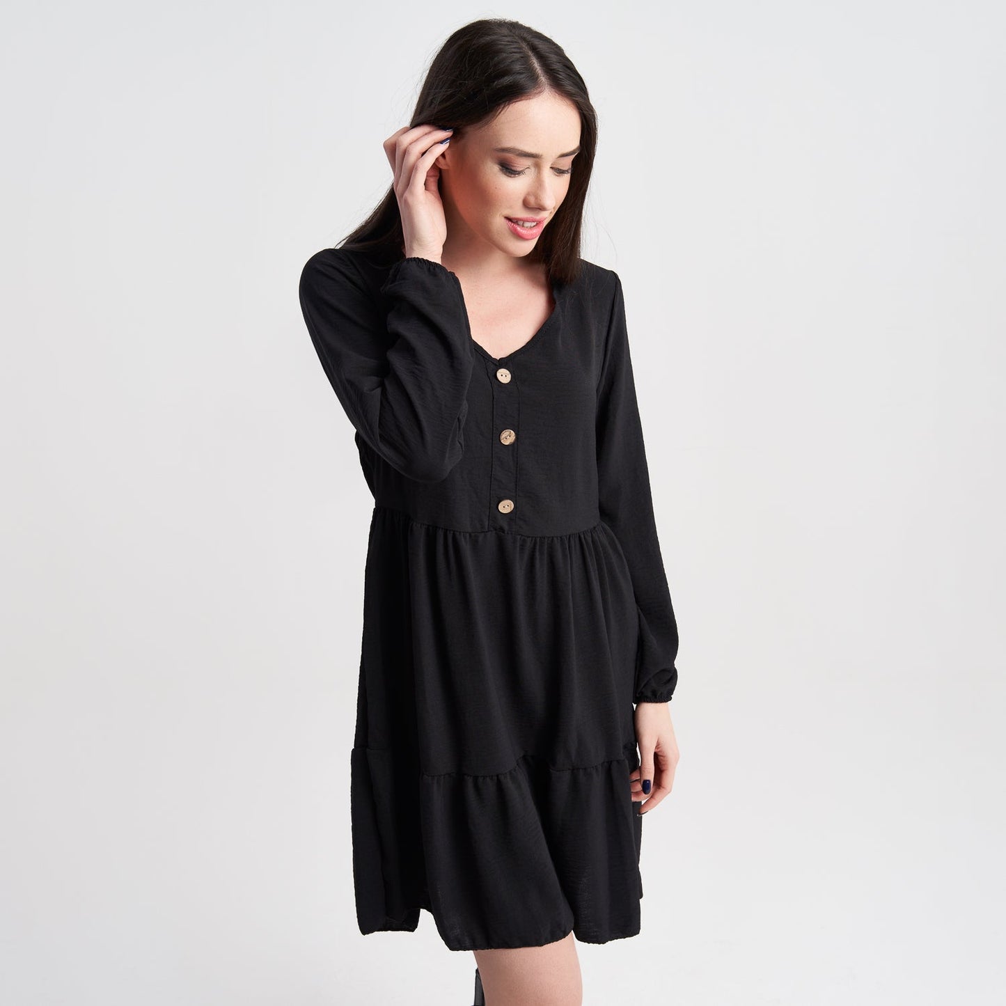 Hailys Women's Black Long Sleeve Button-Front Tiered Dress