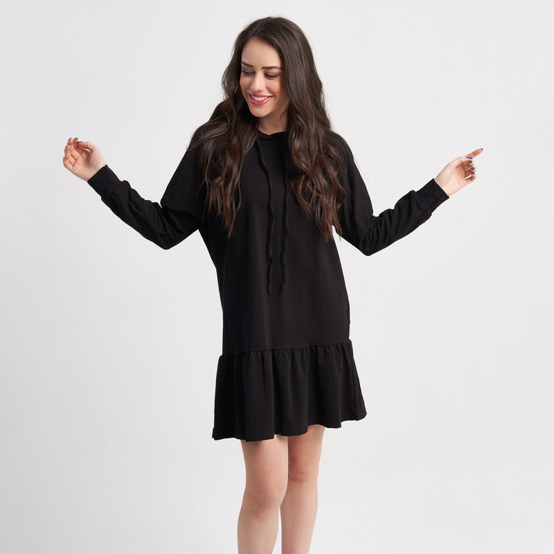 Hailys Women's Black Long Sleeve Hoodie Dress with Ruffle Hem