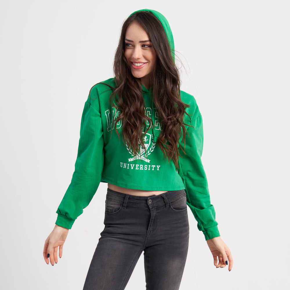 Hailys Women's Green Cropped Hoodie - Los Angeles University Print with Drawstring Hood