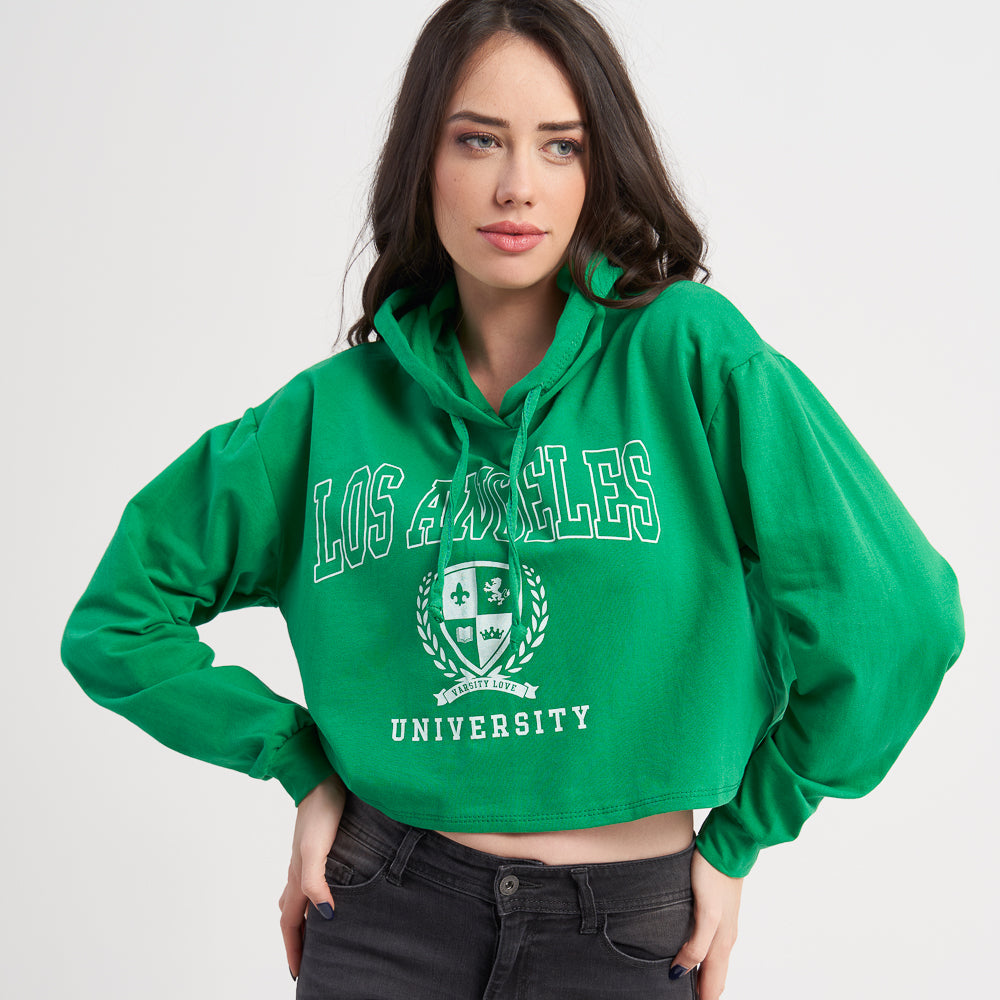 Hailys Women's Green Cropped Hoodie - Los Angeles University Print with Drawstring Hood