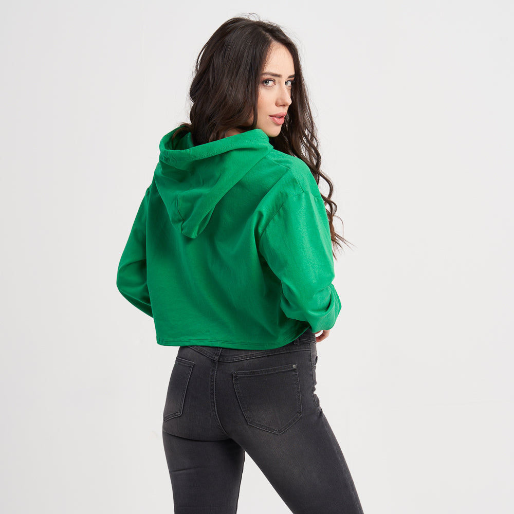 Hailys Women's Green Cropped Hoodie - Los Angeles University Print with Drawstring Hood