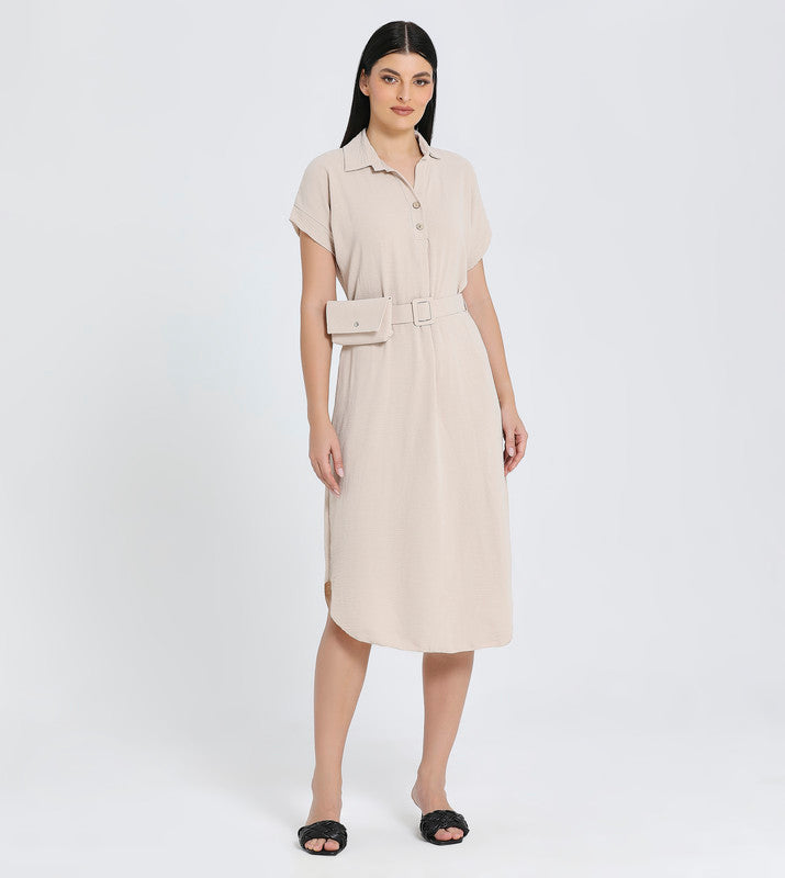 Hailys Women's Beige Button-Down Shirt Dress with Belted Waist and Pouch