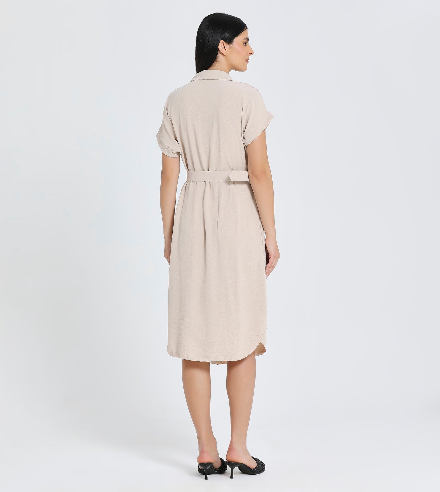 Hailys Women's Beige Button-Down Shirt Dress with Belted Waist and Pouch