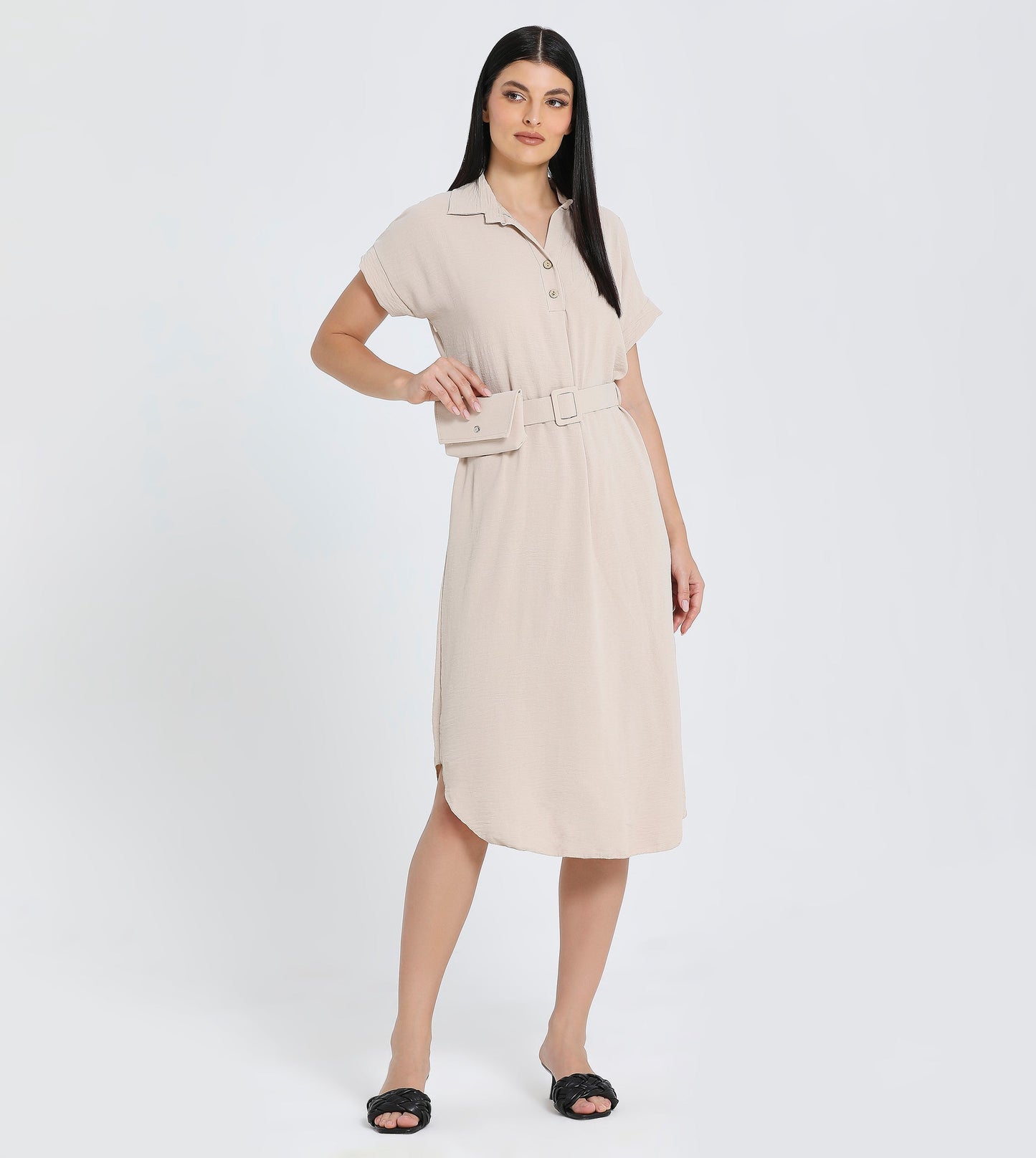 Hailys Women's Beige Button-Down Shirt Dress with Belted Waist and Pouch