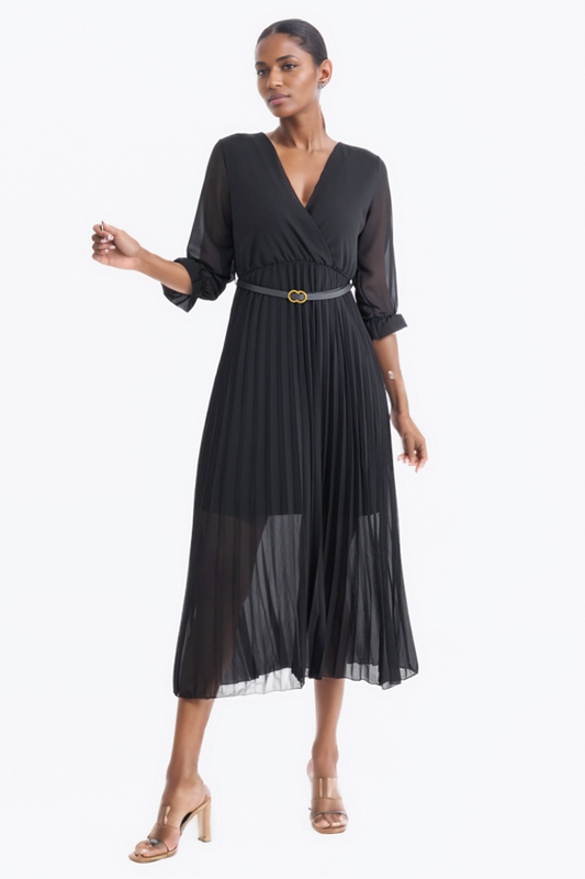 Hailys Women’s V-Neck Long Sleeve Pleated Midi Dress with Belt - Black