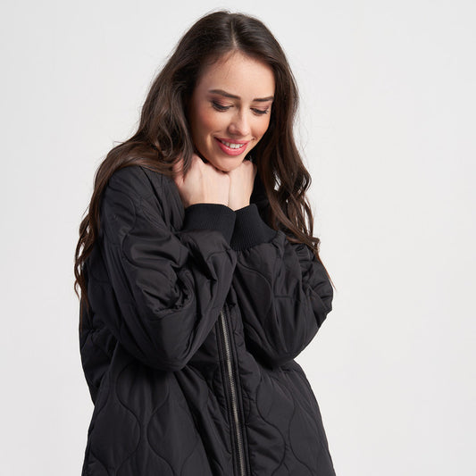 Hailys Women's Quilted Long Bomber Jacket with Front Zip Closure