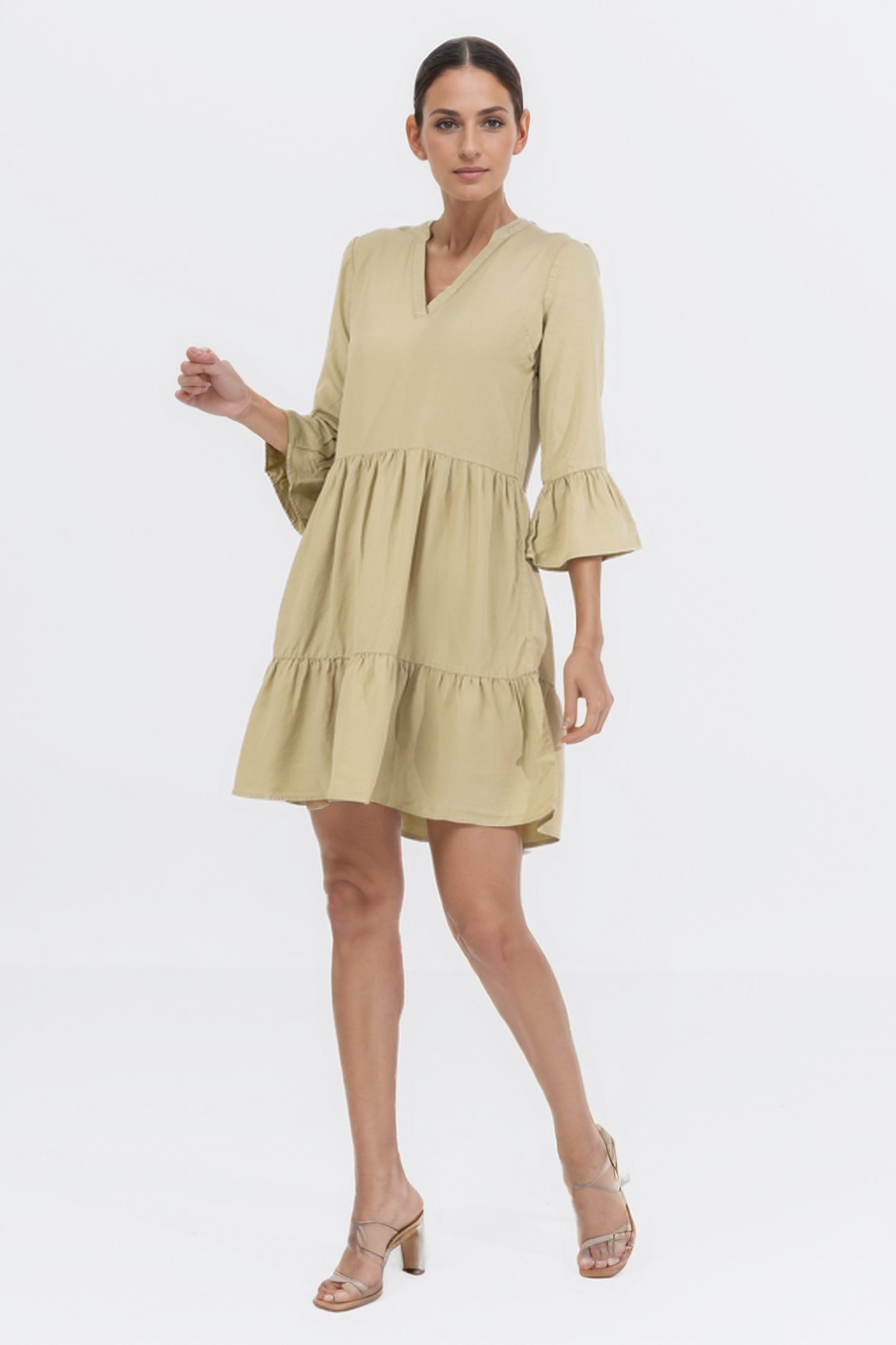 Zabaione Women’s 3/4 Bell Sleeve V-Neck Tiered Babydoll Dress - Khaki