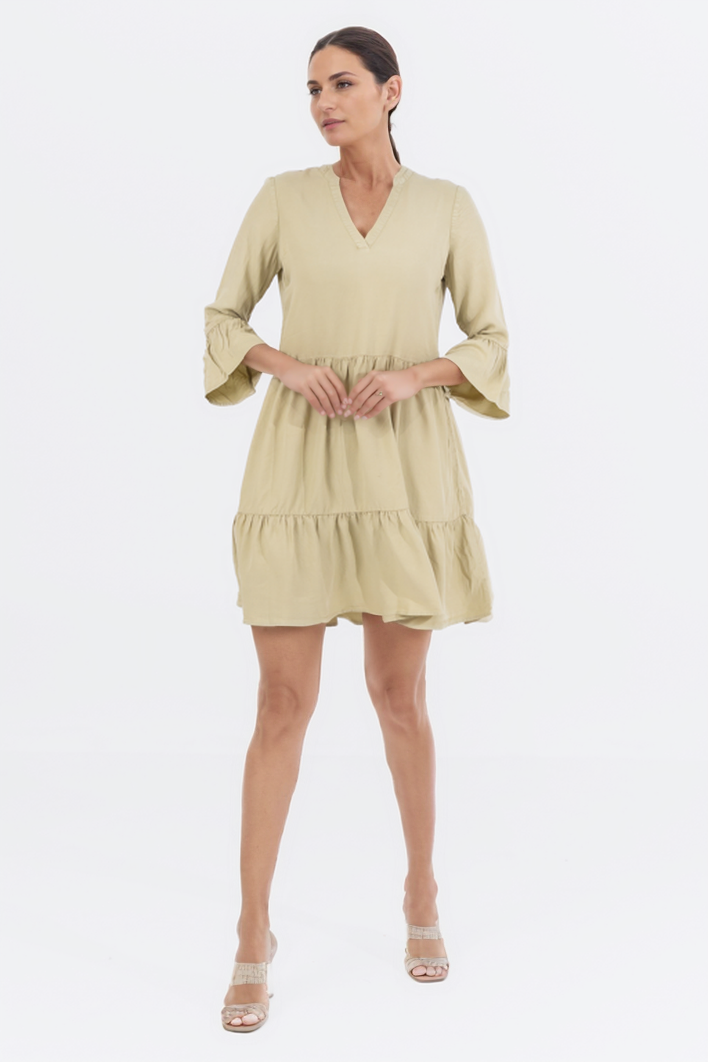 Zabaione Women’s 3/4 Bell Sleeve V-Neck Tiered Babydoll Dress - Khaki