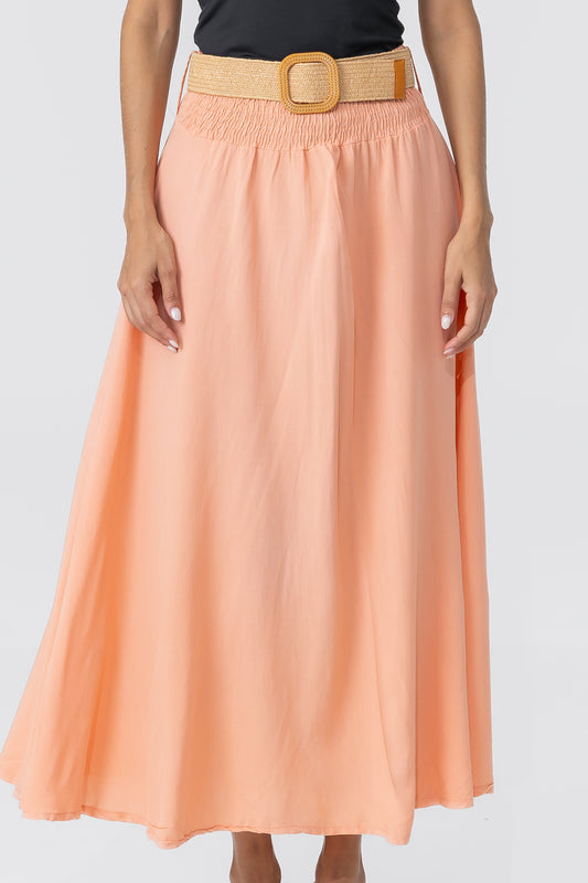 Hailys Women’s Peach A-Line Maxi Skirt with Elastic Waist and Belt - Flowy High-Waisted Summer Skirt