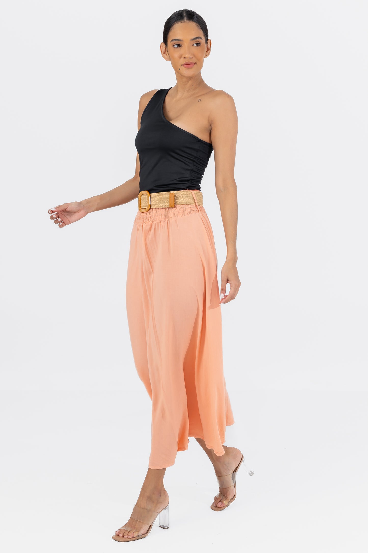 Hailys Women’s Peach A-Line Maxi Skirt with Elastic Waist and Belt - Flowy High-Waisted Summer Skirt