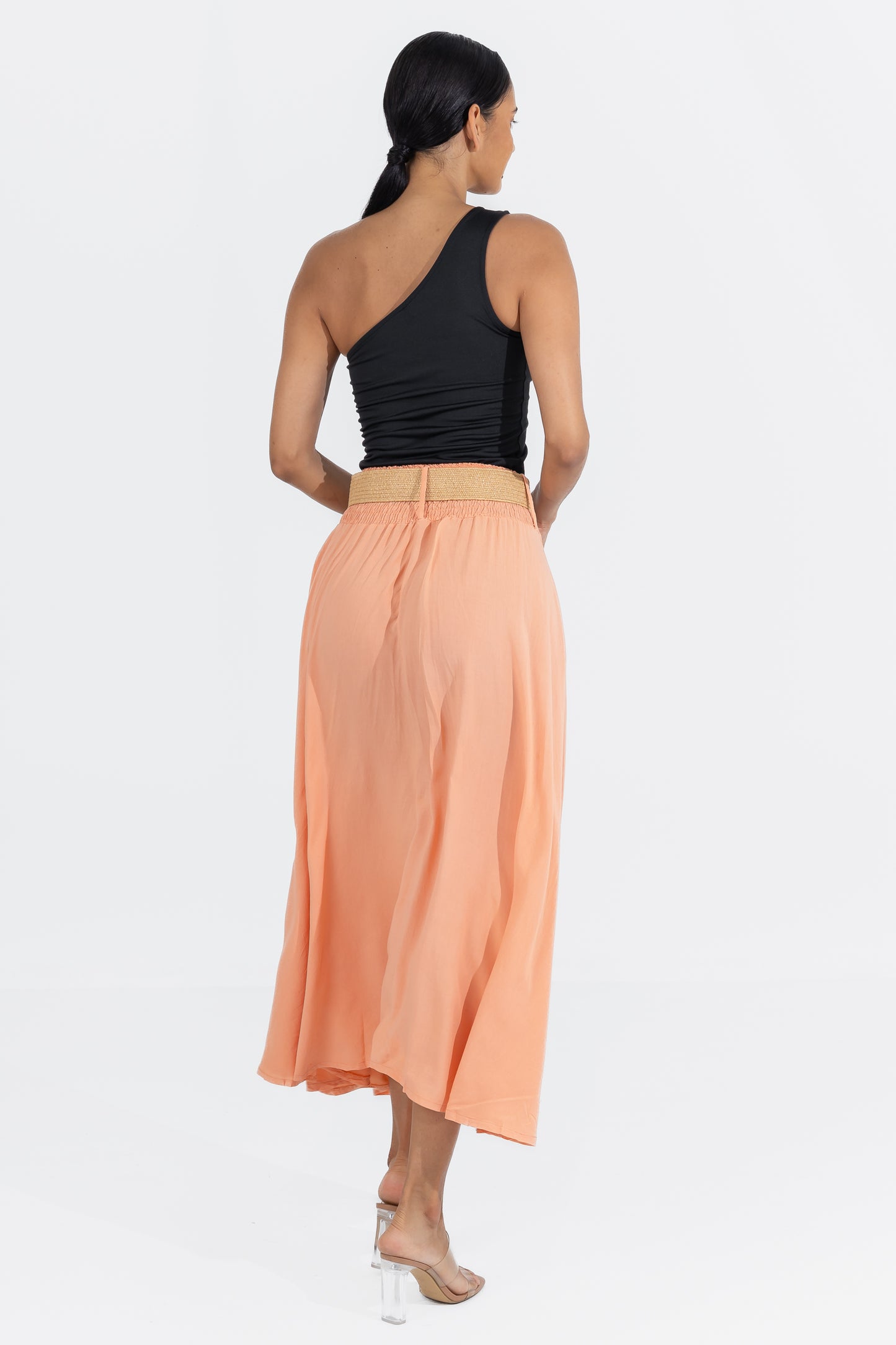 Hailys Women’s Peach A-Line Maxi Skirt with Elastic Waist and Belt - Flowy High-Waisted Summer Skirt