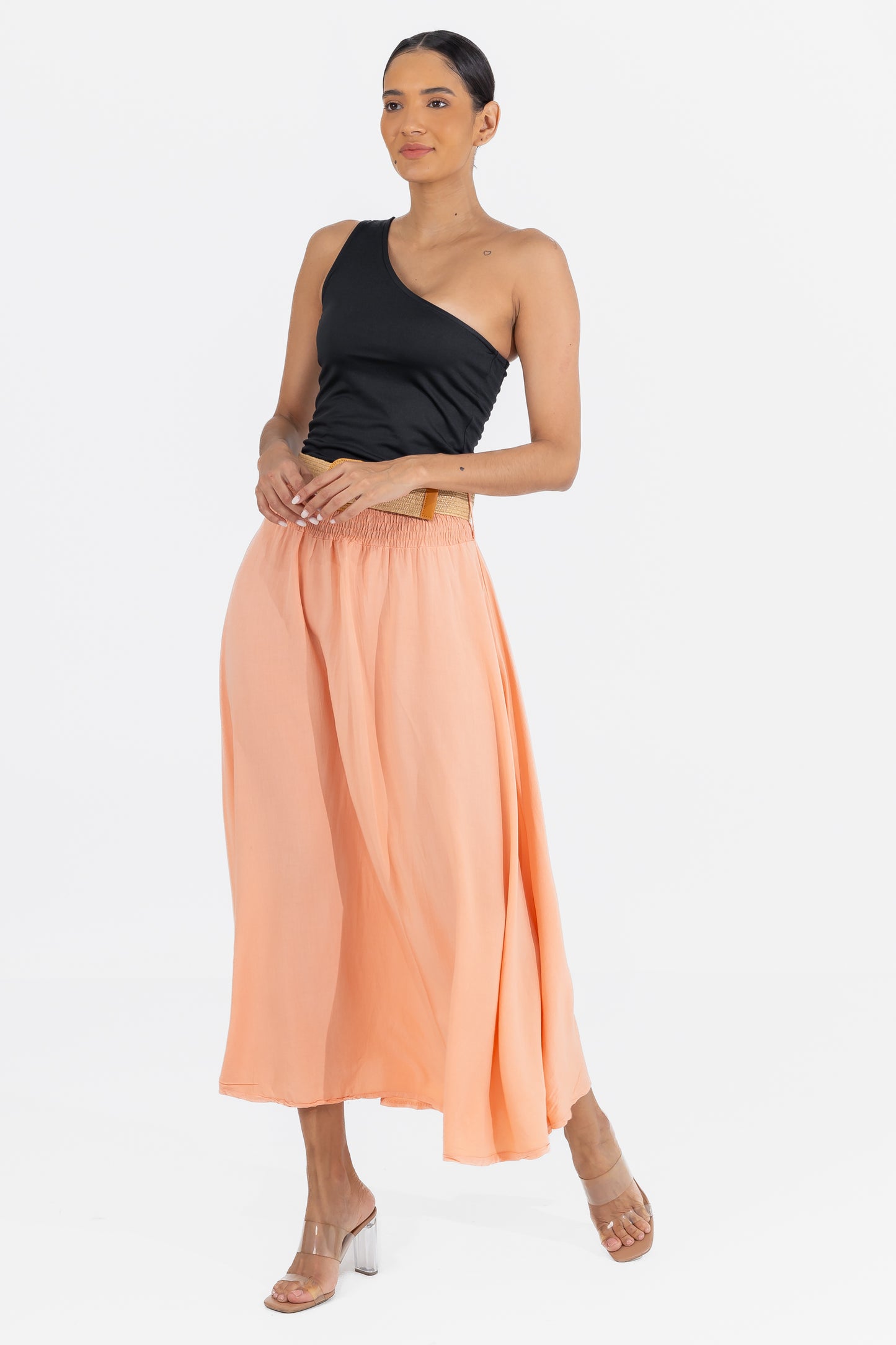 Hailys Women’s Peach A-Line Maxi Skirt with Elastic Waist and Belt - Flowy High-Waisted Summer Skirt