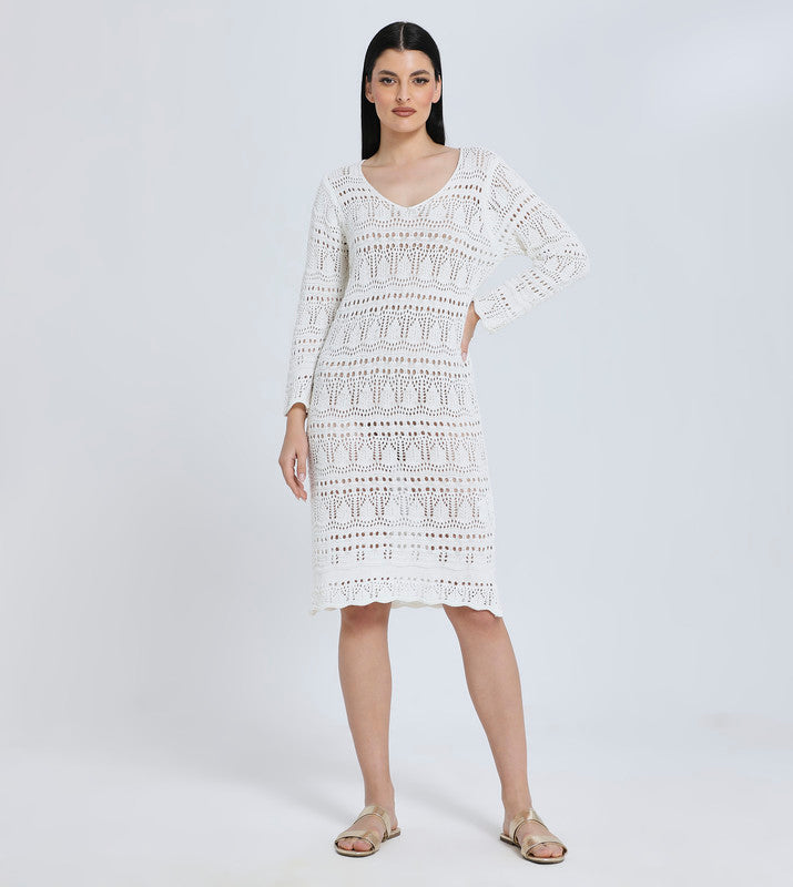 Hailys Women's White Crochet Knit Long Sleeve Beach Cover-Up Dress