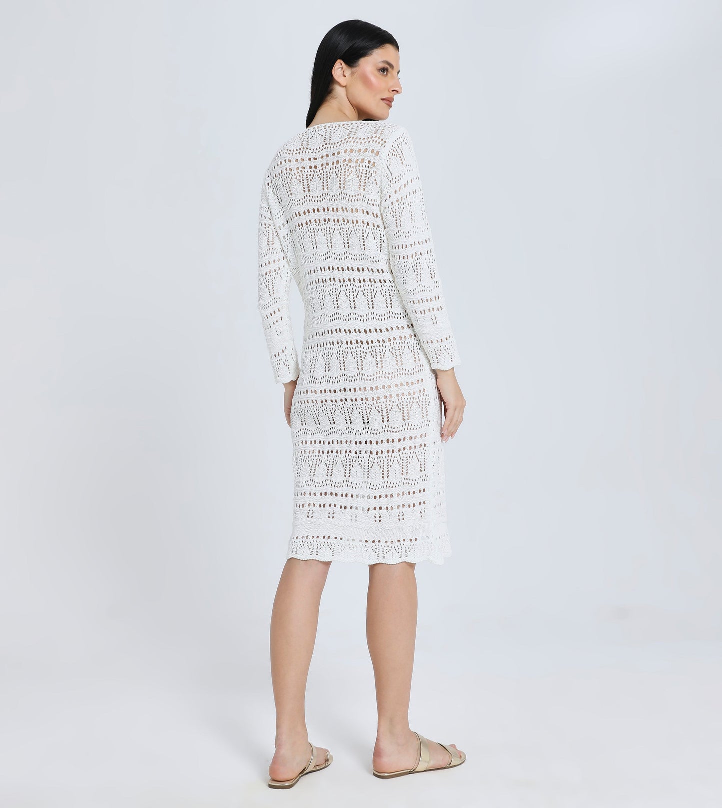 Hailys Women's White Crochet Knit Long Sleeve Beach Cover-Up Dress