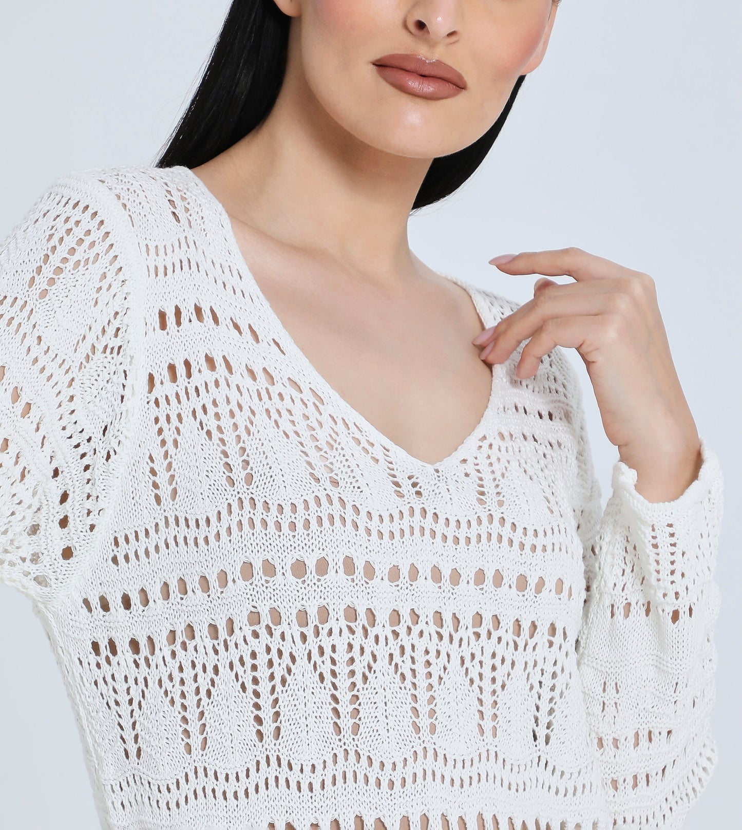 Hailys Women's White Crochet Knit Long Sleeve Beach Cover-Up Dress