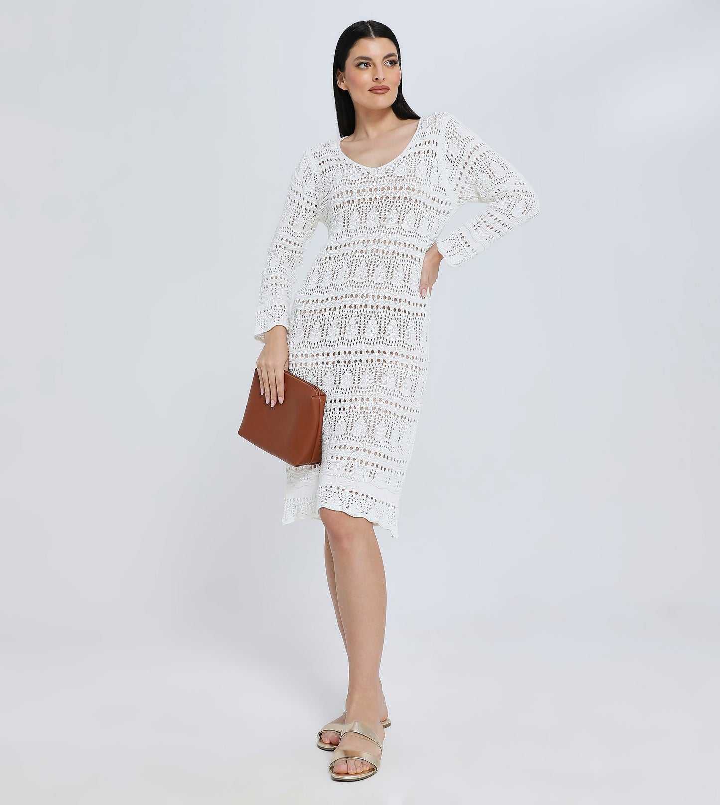 Hailys Women's White Crochet Knit Long Sleeve Beach Cover-Up Dress