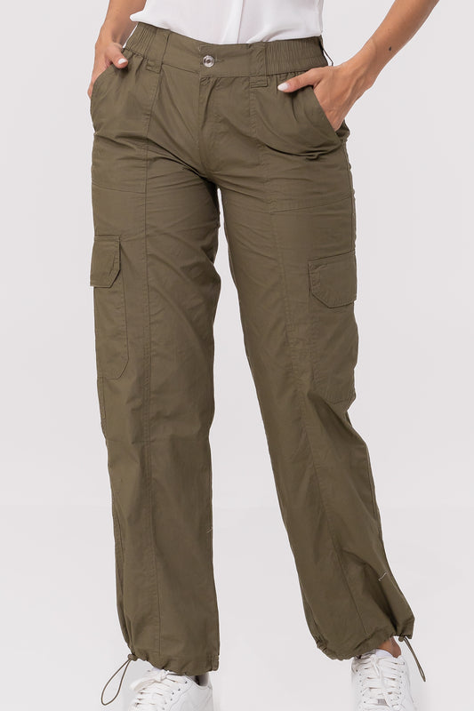 Hailys Women’s Utility Cargo Pants with Elastic Waist and Drawstring Hem - Olive Green