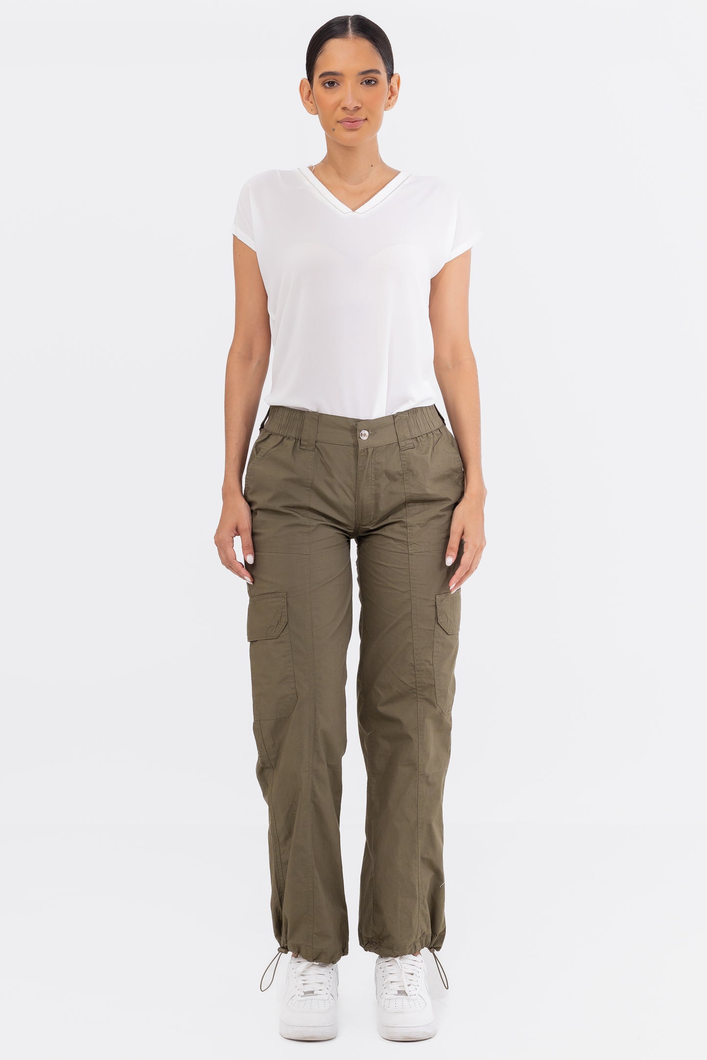 Hailys Women’s Utility Cargo Pants with Elastic Waist and Drawstring Hem - Olive Green