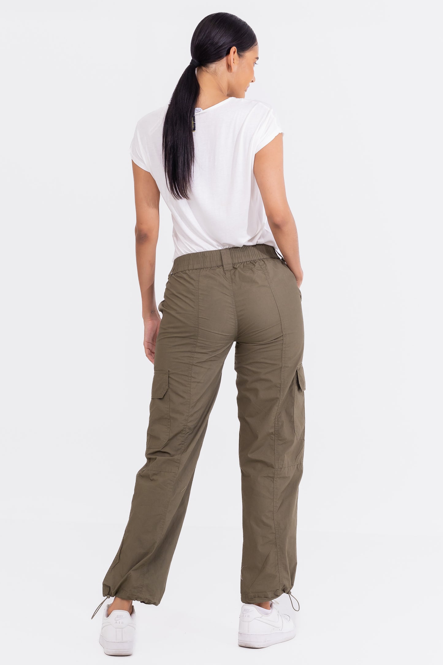 Hailys Women’s Utility Cargo Pants with Elastic Waist and Drawstring Hem - Olive Green