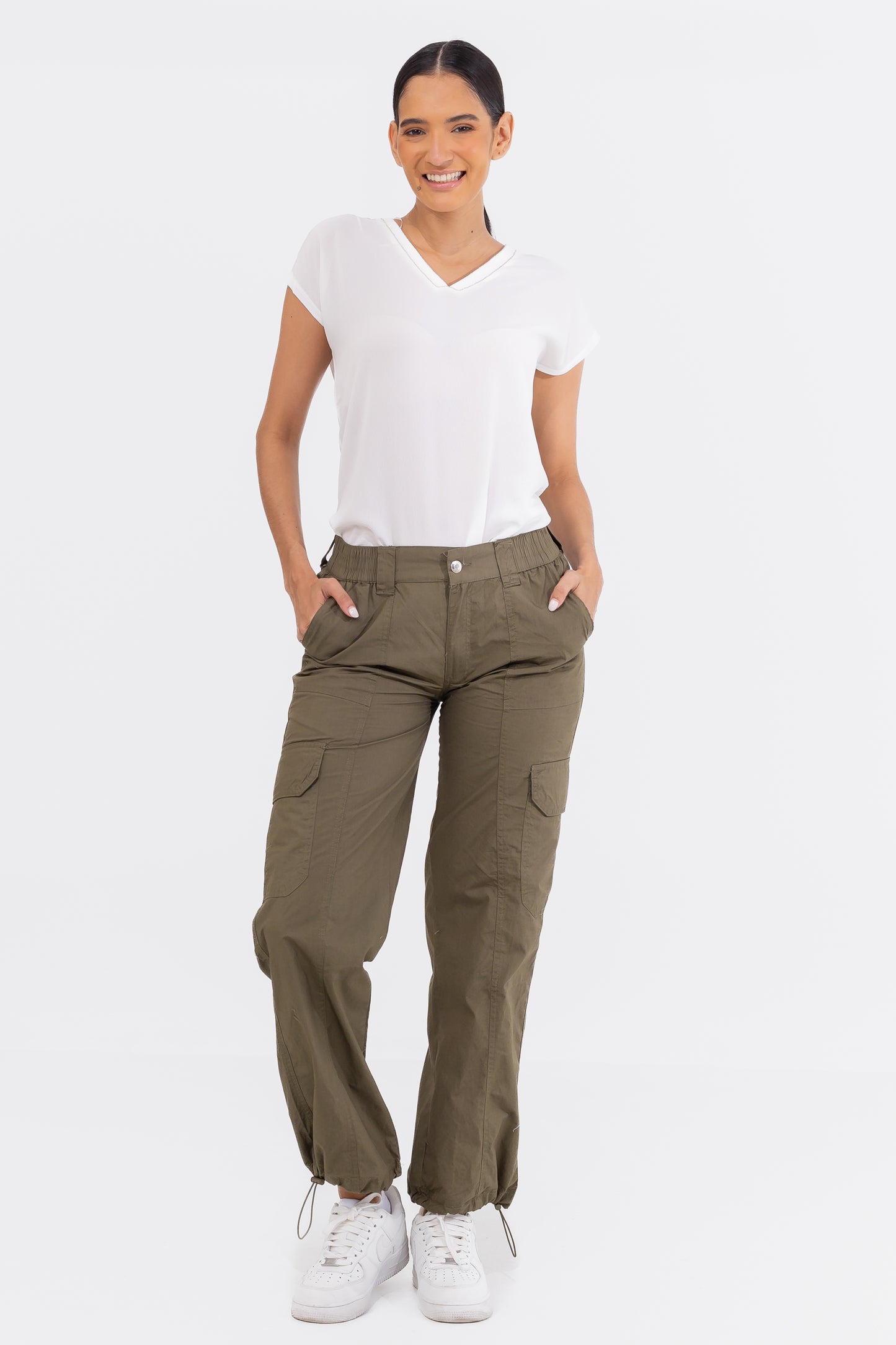 Hailys Women’s Utility Cargo Pants with Elastic Waist and Drawstring Hem - Olive Green