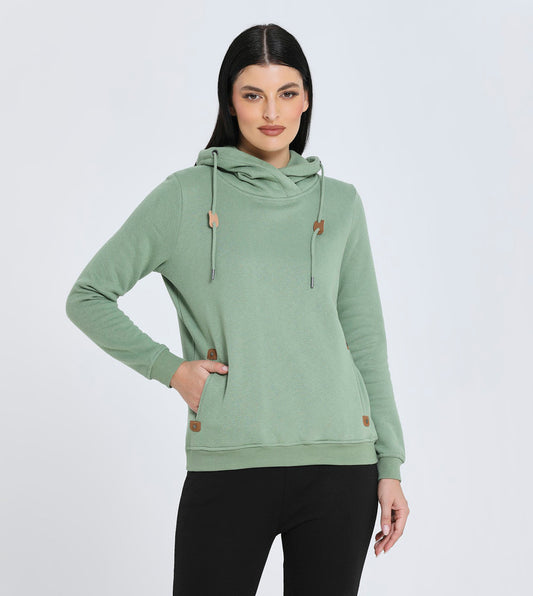 Hailys Women's Light Green Pullover Hoodie with Decorative Buttons and Adjustable Drawstring