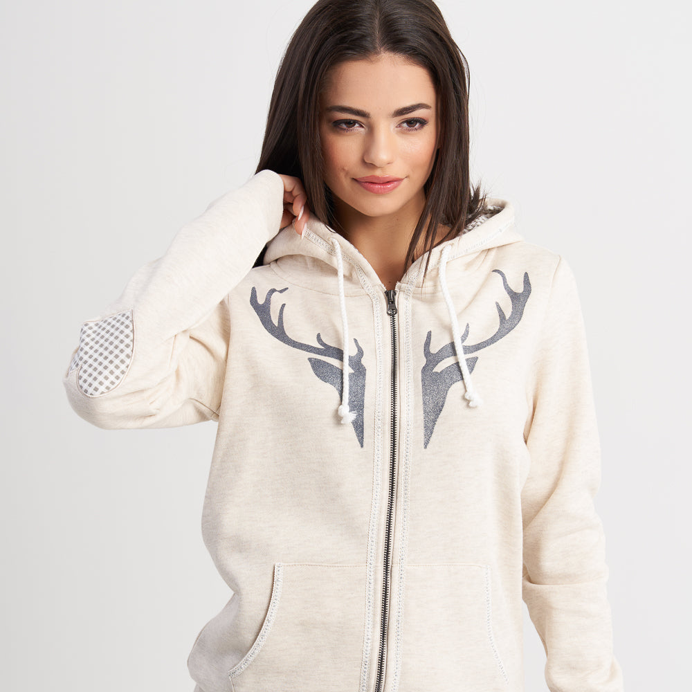 Hailys Women's Beige Deer Print Zip-Up Hoodie - Casual Drawstring Hooded Sweatshirt