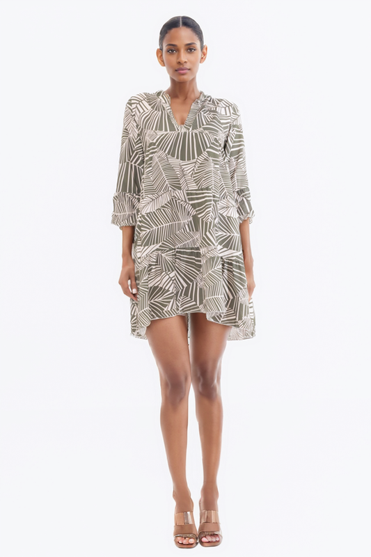 Hailys Women’s 3/4 Sleeve V-Neck Tunic Dress with Abstract Leaf Print