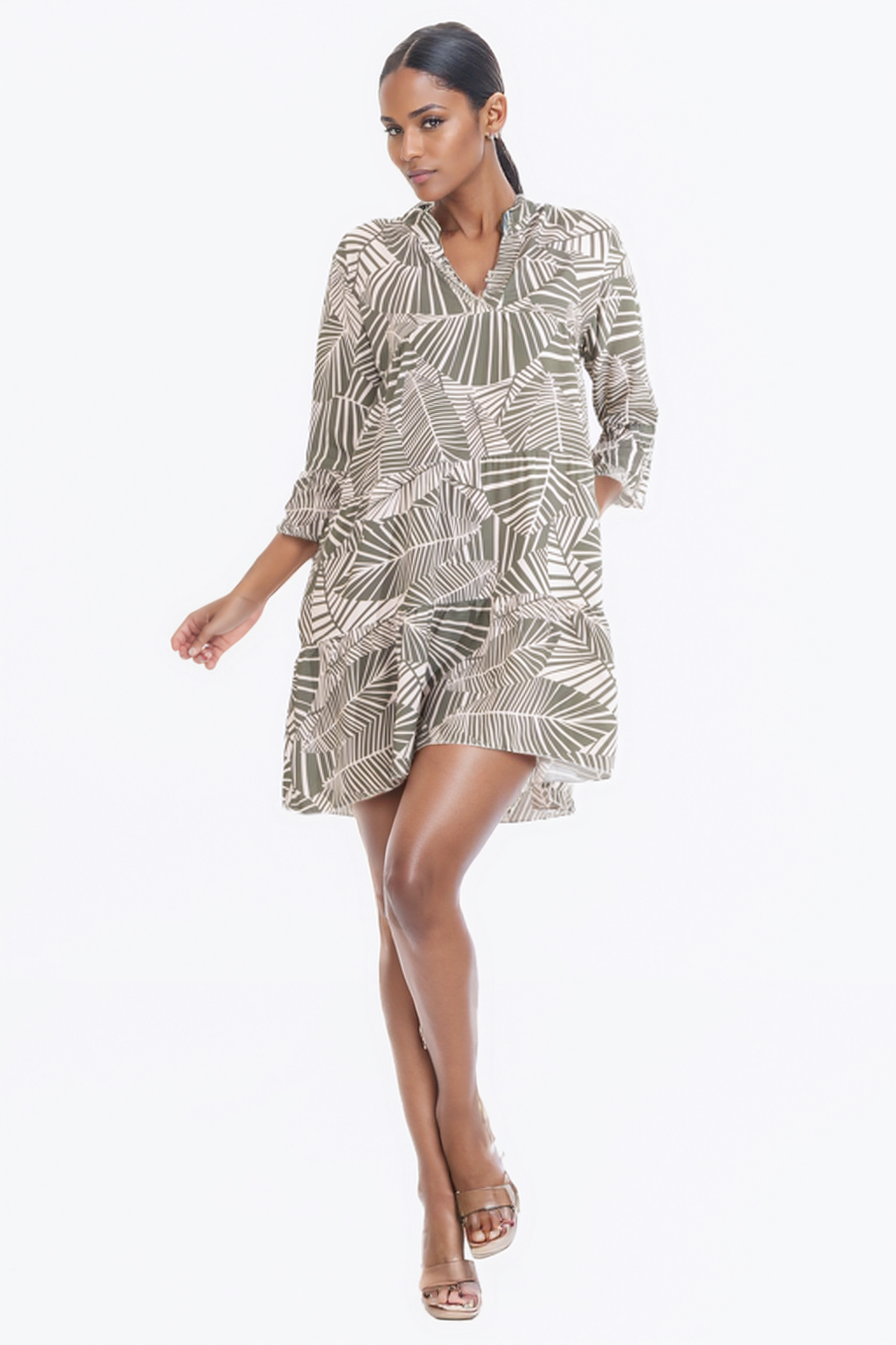 Hailys Women’s 3/4 Sleeve V-Neck Tunic Dress with Abstract Leaf Print