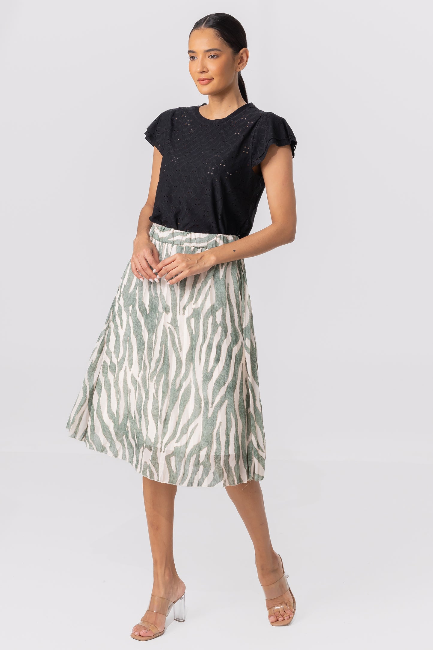 Hailys Women’s Green and White Zebra Print Midi Skirt - High-Waisted A-Line Skirt