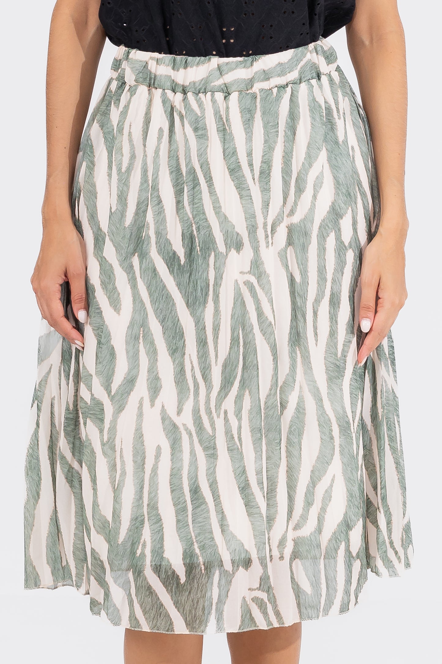 Hailys Women’s Green and White Zebra Print Midi Skirt - High-Waisted A-Line Skirt