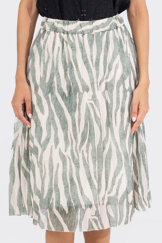 Hailys Women’s Green and White Zebra Print Midi Skirt - High-Waisted A-Line Skirt