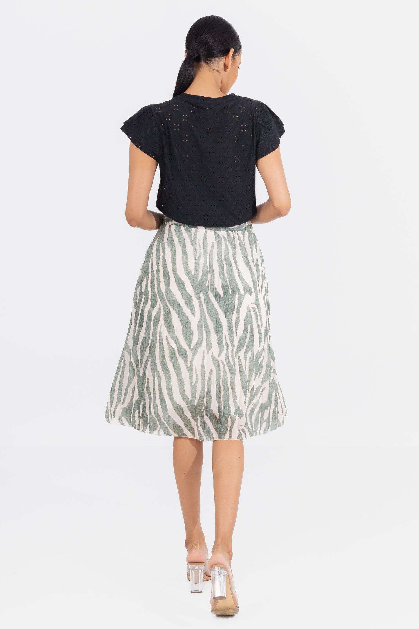 Hailys Women’s Green and White Zebra Print Midi Skirt - High-Waisted A-Line Skirt