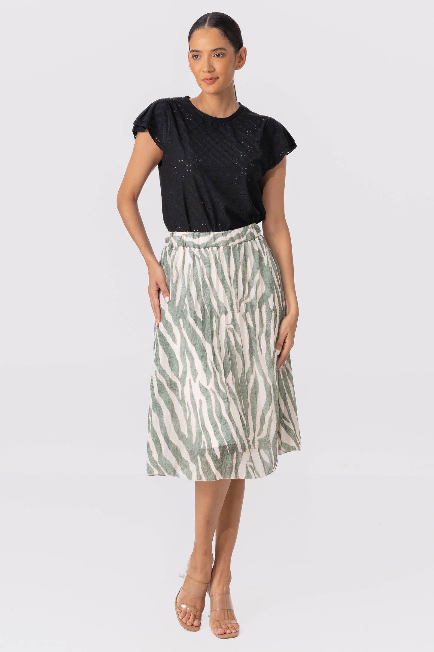 Hailys Women’s Green and White Zebra Print Midi Skirt - High-Waisted A-Line Skirt