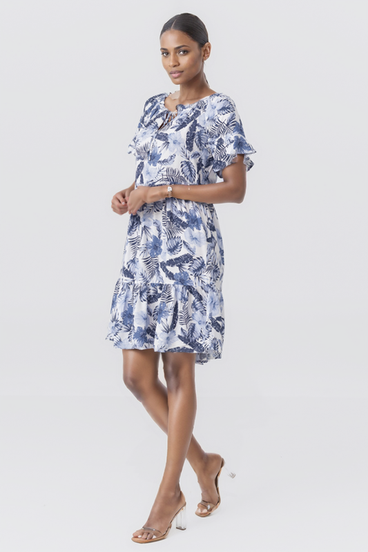 Zabaione Women’s Summer Floral Print Ruffle Sleeve Mini Dress - Blue and White