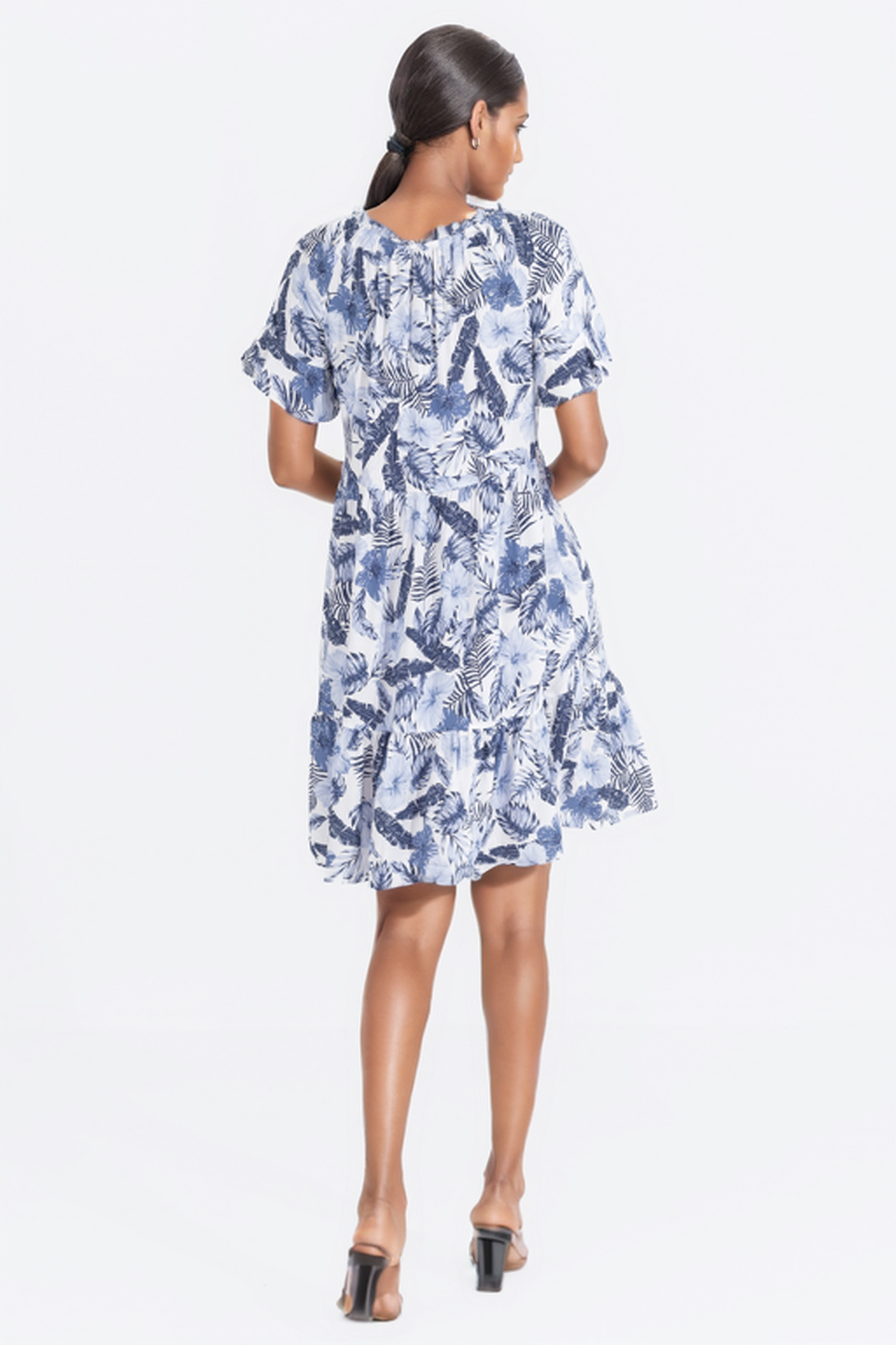 Zabaione Women’s Summer Floral Print Ruffle Sleeve Mini Dress - Blue and White