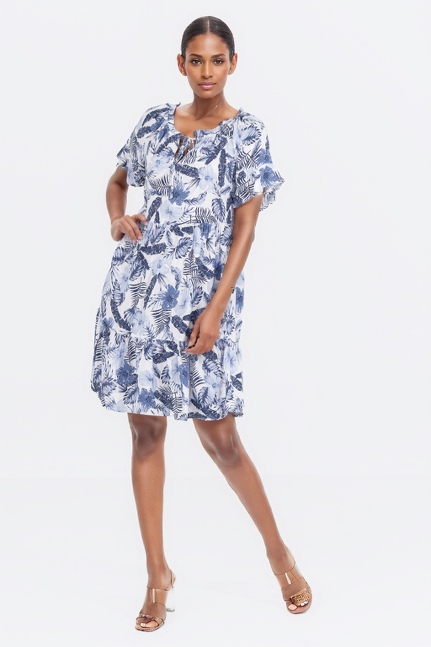 Zabaione Women’s Summer Floral Print Ruffle Sleeve Mini Dress - Blue and White