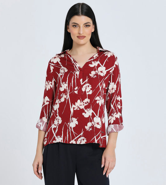 Zabaione Women's Floral Print Button-Up Blouse - 3/4 Sleeve Casual Loose Fit Top