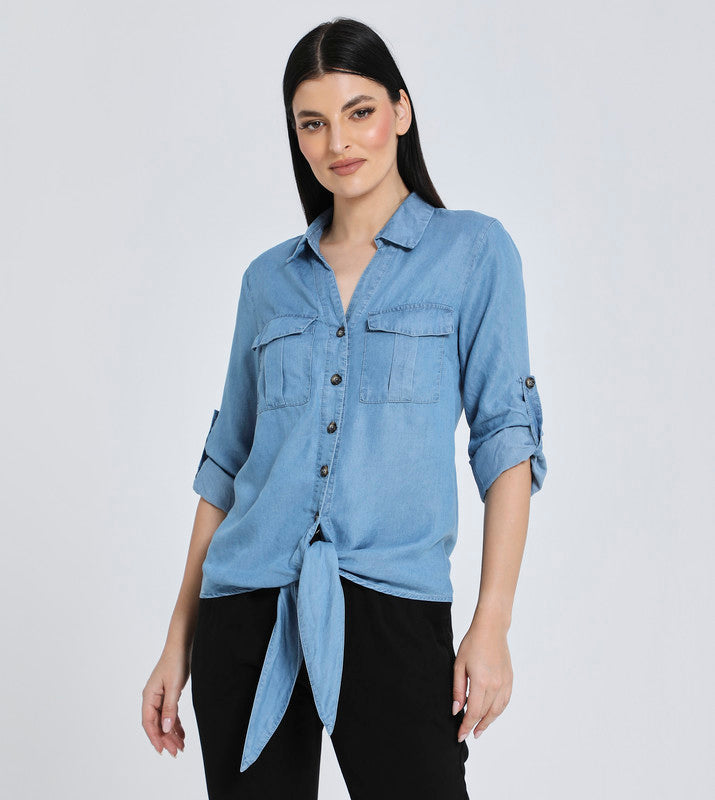 Hailys Women’s Casual Denim Button-Down Shirt with Tie Front