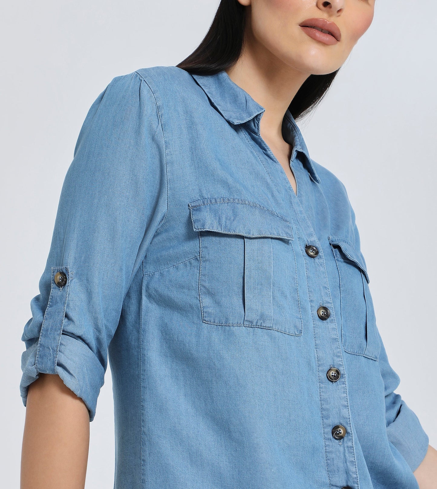 Hailys Women’s Casual Denim Button-Down Shirt with Tie Front