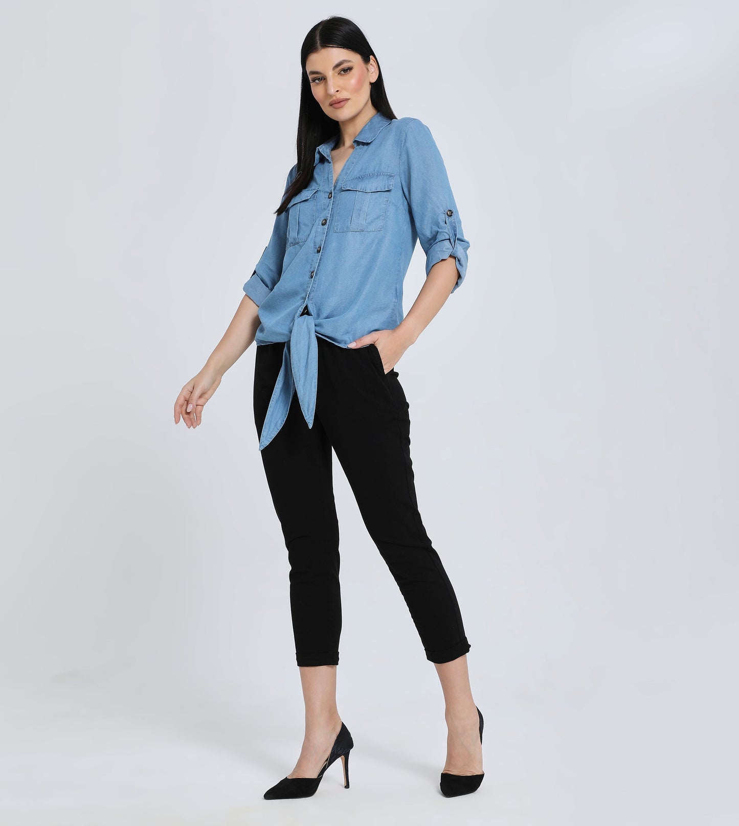 Hailys Women’s Casual Denim Button-Down Shirt with Tie Front