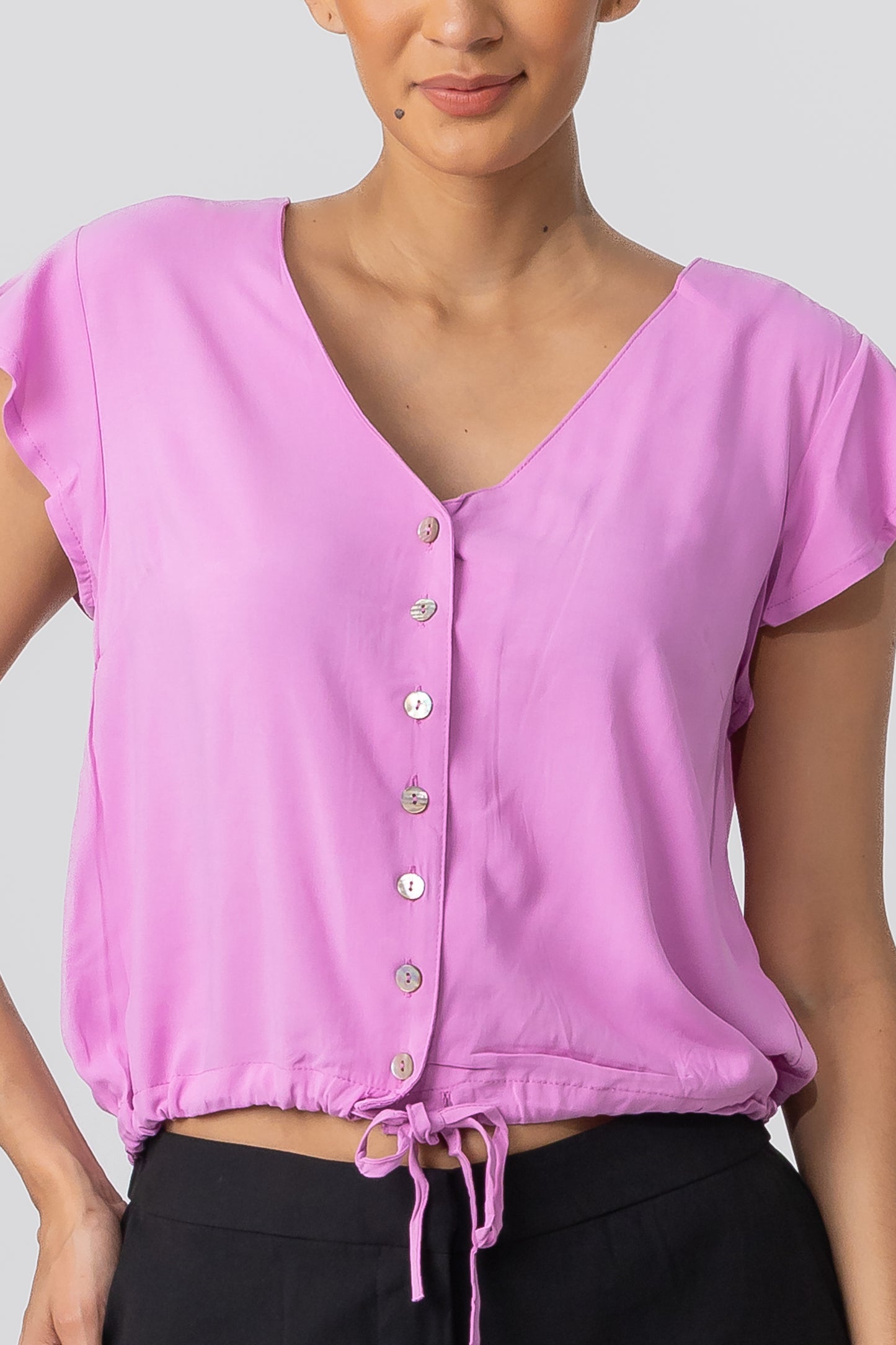 Hailys Women’s Pink Button-Down V-Neck Top with Drawstring Hem - Short Sleeve Casual Blouse