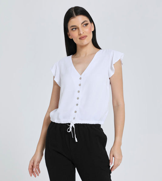 Women’s Button-Down V-Neck Cap Sleeve Blouse with Drawstring Hem - White