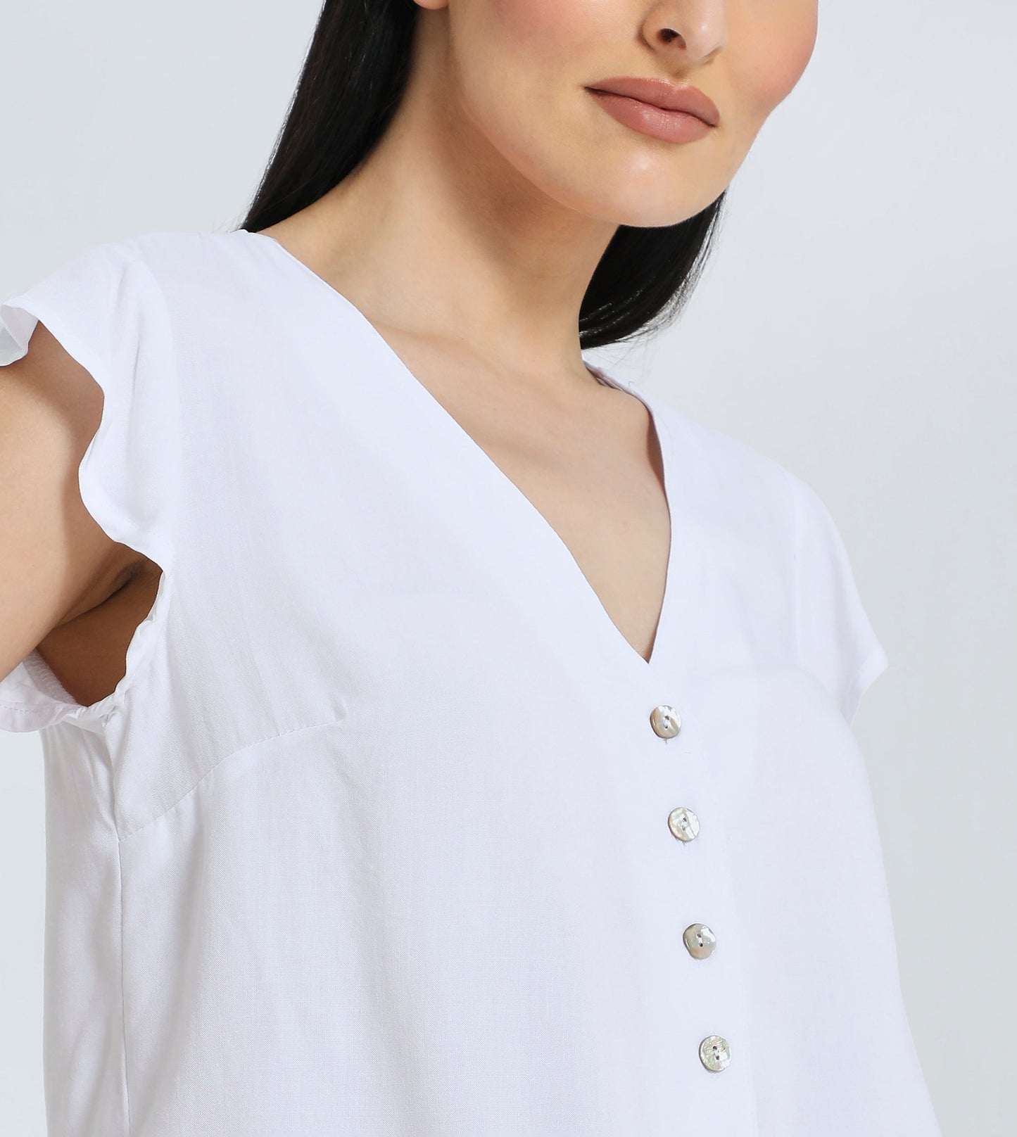 Women’s Button-Down V-Neck Cap Sleeve Blouse with Drawstring Hem - White