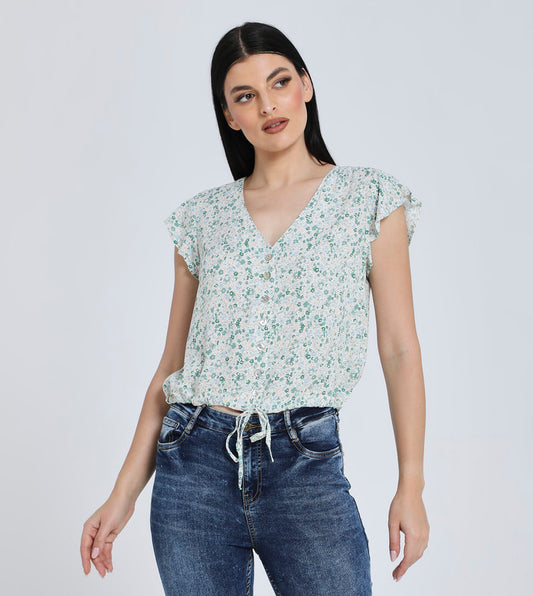 Women’s Floral Print Button-Down V-Neck Cap Sleeve Blouse with Drawstring Hem - Green and White