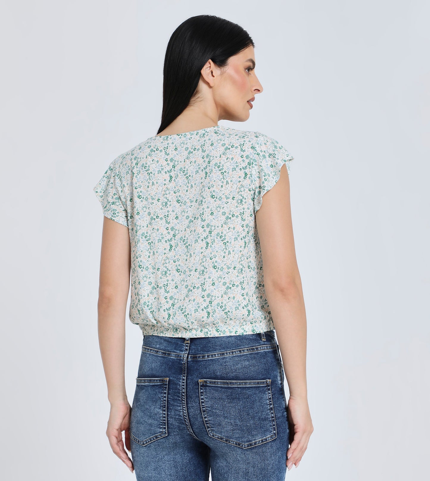 Women’s Floral Print Button-Down V-Neck Cap Sleeve Blouse with Drawstring Hem - Green and White