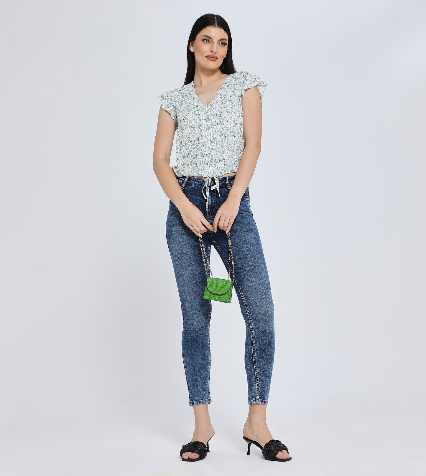 Women’s Floral Print Button-Down V-Neck Cap Sleeve Blouse with Drawstring Hem - Green and White