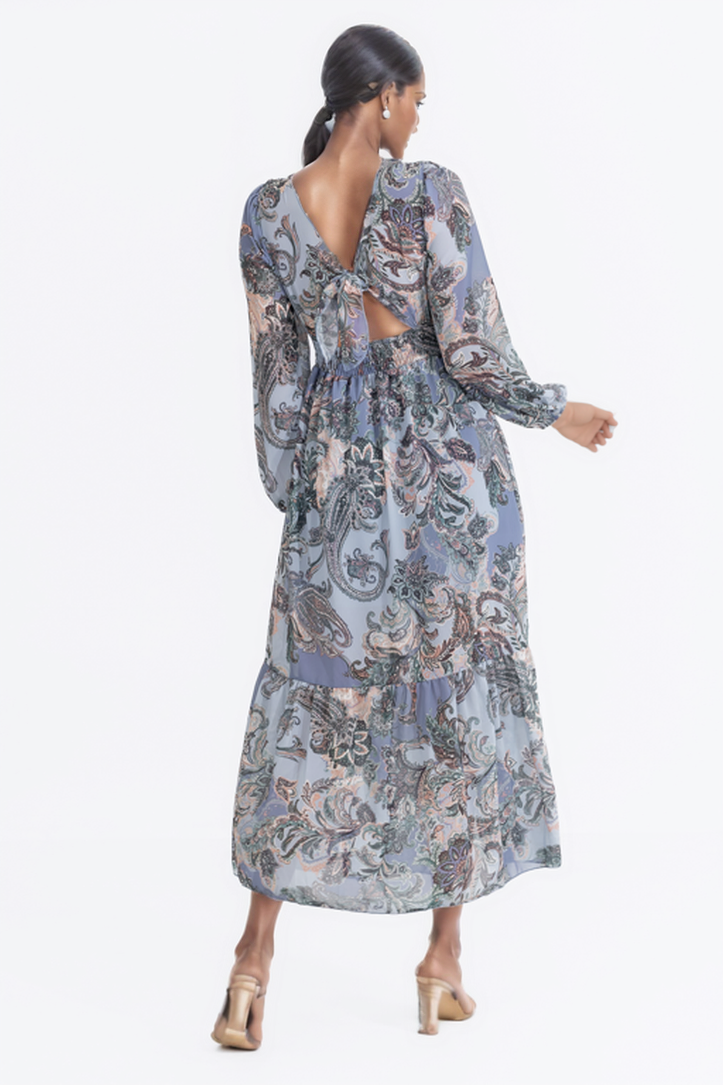 Hailys Women’s Long Sleeve Boho Paisley Print Maxi Dress with Empire Waist - Blue and Multicolor