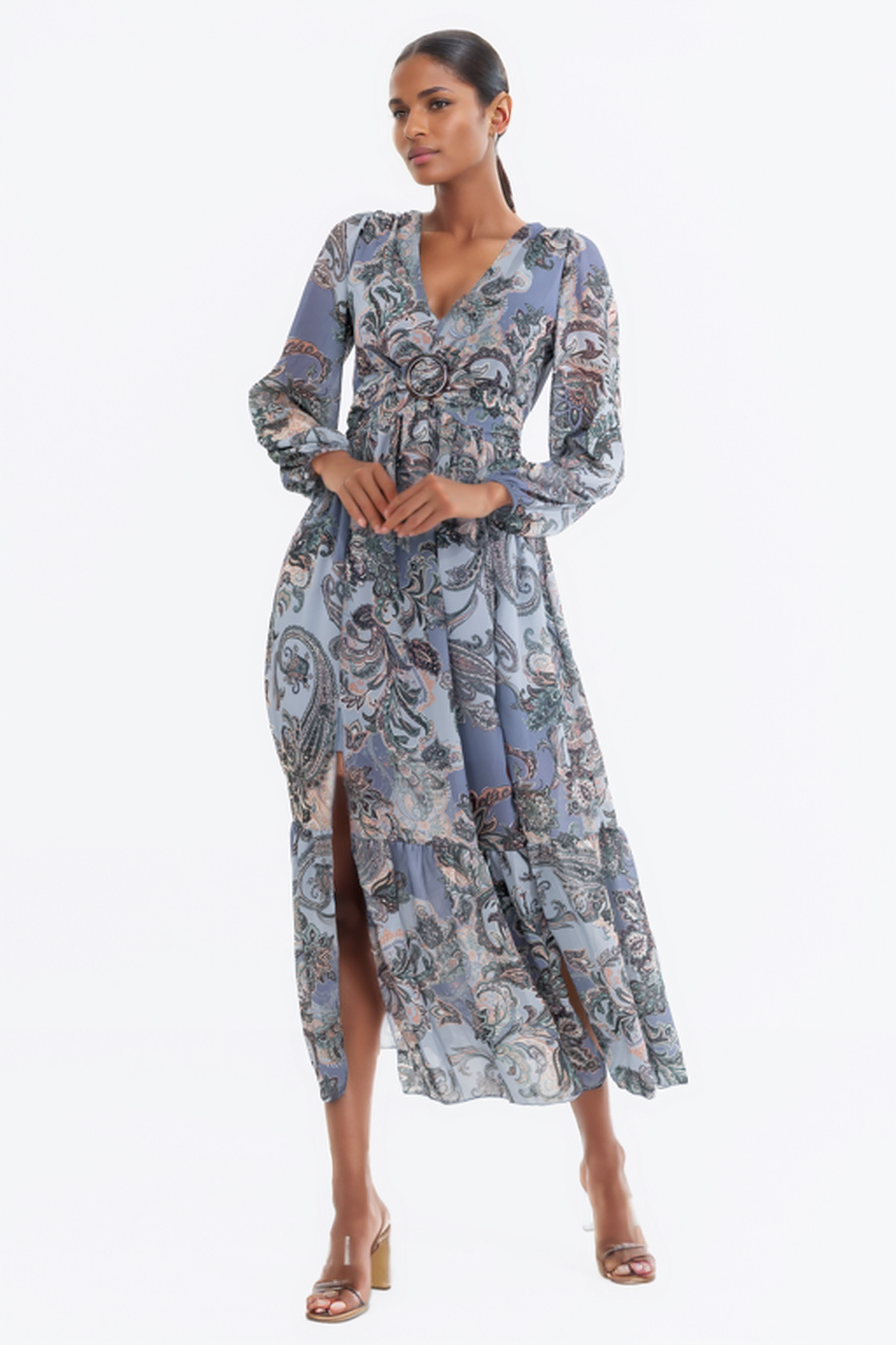 Hailys Women’s Long Sleeve Boho Paisley Print Maxi Dress with Empire Waist - Blue and Multicolor