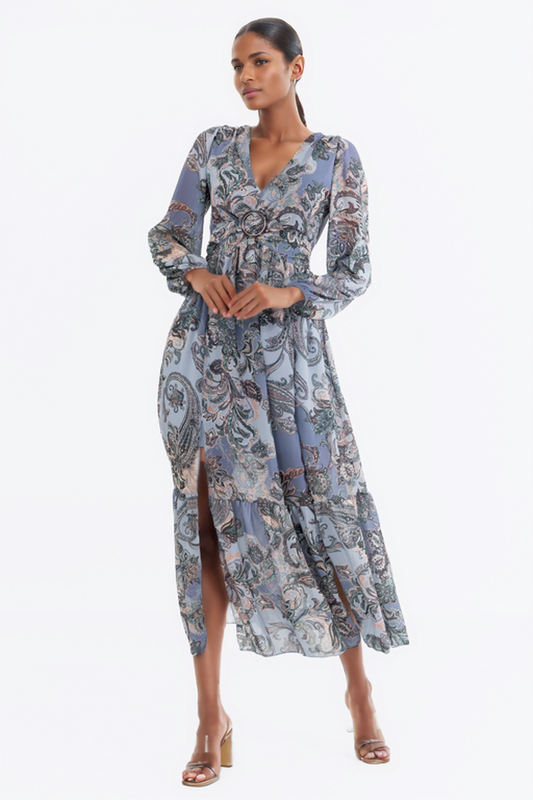 Hailys Women’s Long Sleeve Boho Paisley Print Maxi Dress with Empire Waist - Blue and Multicolor